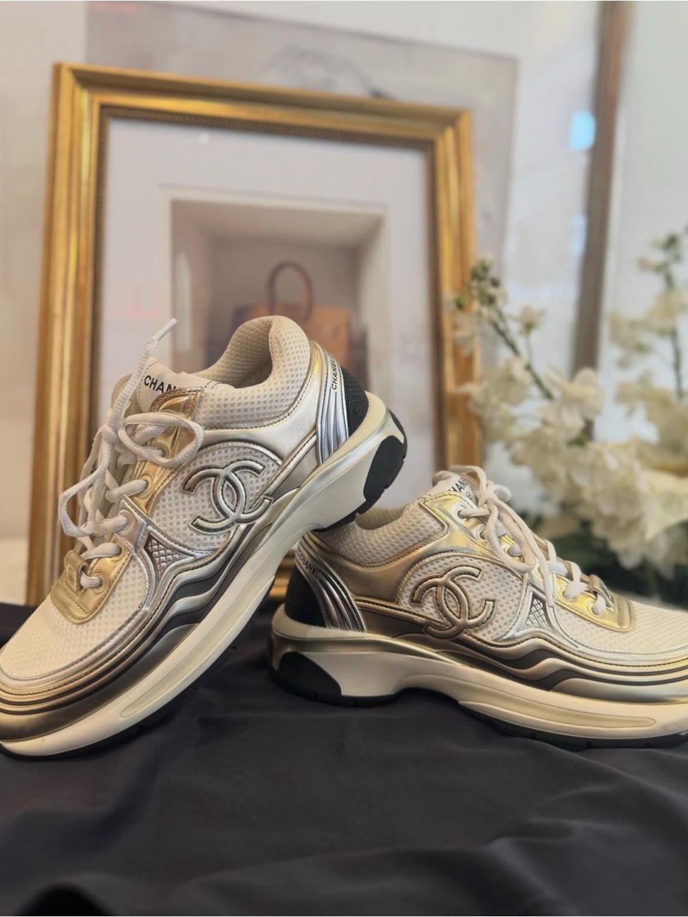 CHANEL Metallic Silver Gold CC Logo Chunky Sneakers Size 39